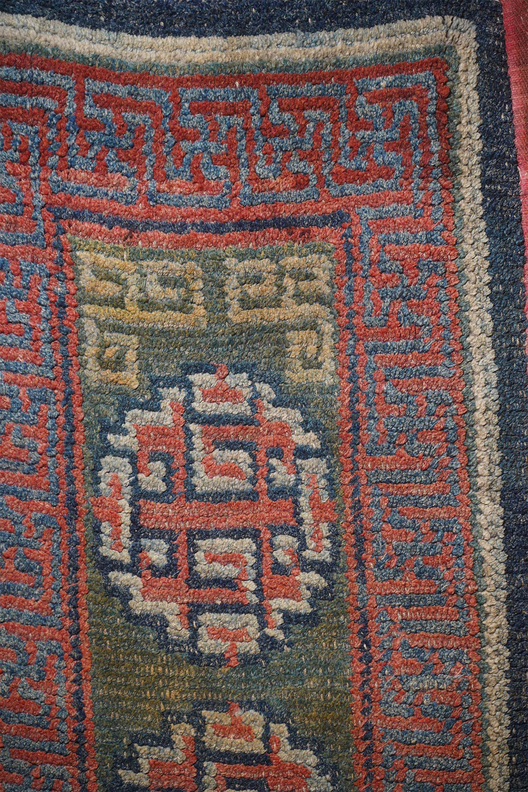 Hand-Knotted Tibetan Khaden Rug | Indigo Ground Endless Knot Medallions | Detail View