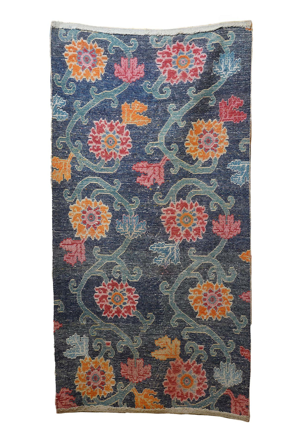 Hand-Knotted Tibetan Khaden Rug | Indigo Ground Floral Vine | Back View