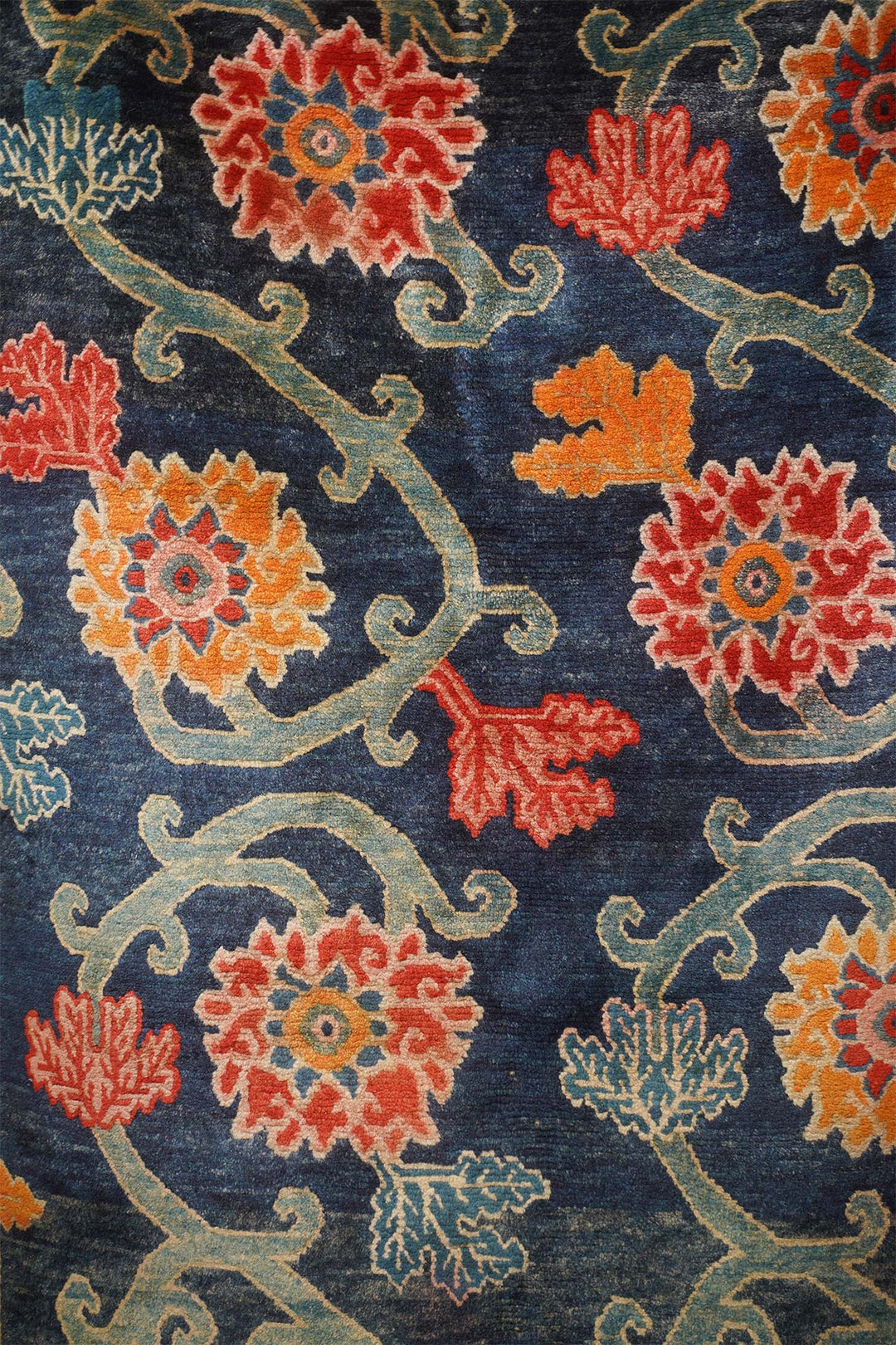 Hand-Knotted Tibetan Khaden Rug | Indigo Ground Floral Vine | Detail View