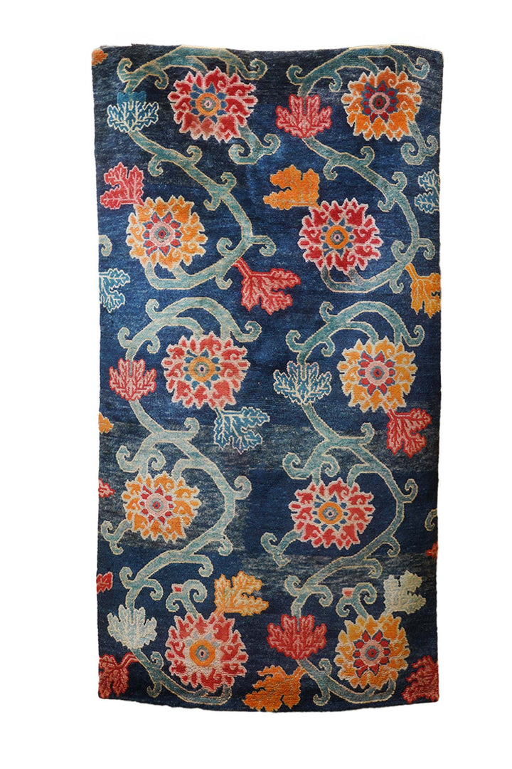Hand-Knotted Tibetan Khaden Rug | Indigo Ground Floral Vine | Front View