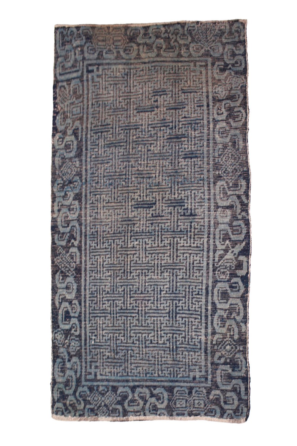 Hand-Knotted Tibetan Khaden Rug | Indigo Key-Fret Lattice | Back View