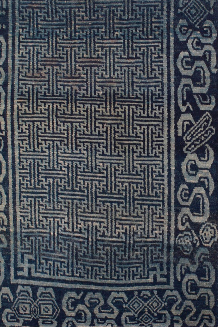 Hand-Knotted Tibetan Khaden Rug | Indigo Key-Fret Lattice | Detail View