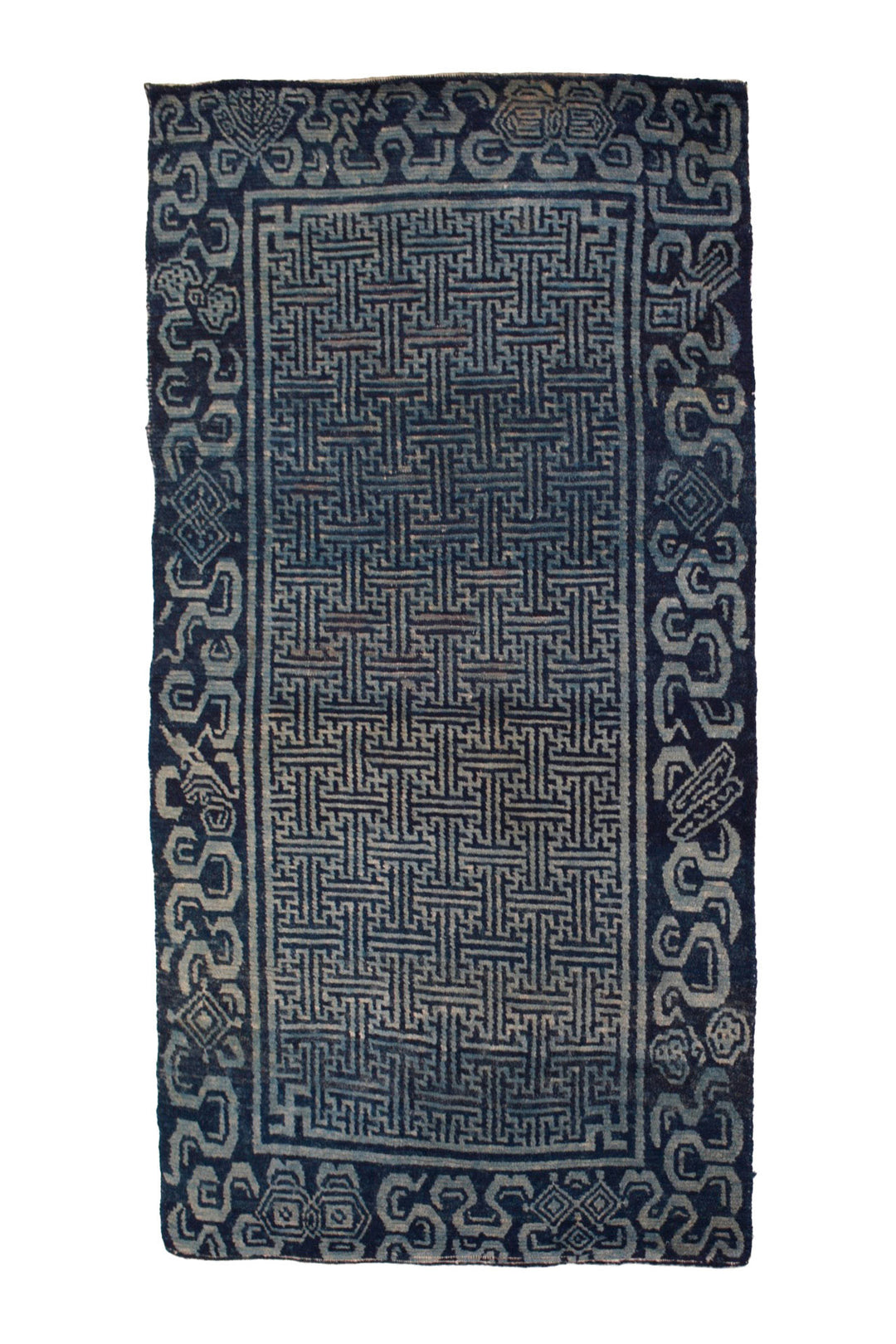 Hand-Knotted Tibetan Khaden Rug | Indigo Key-Fret Lattice | Front View