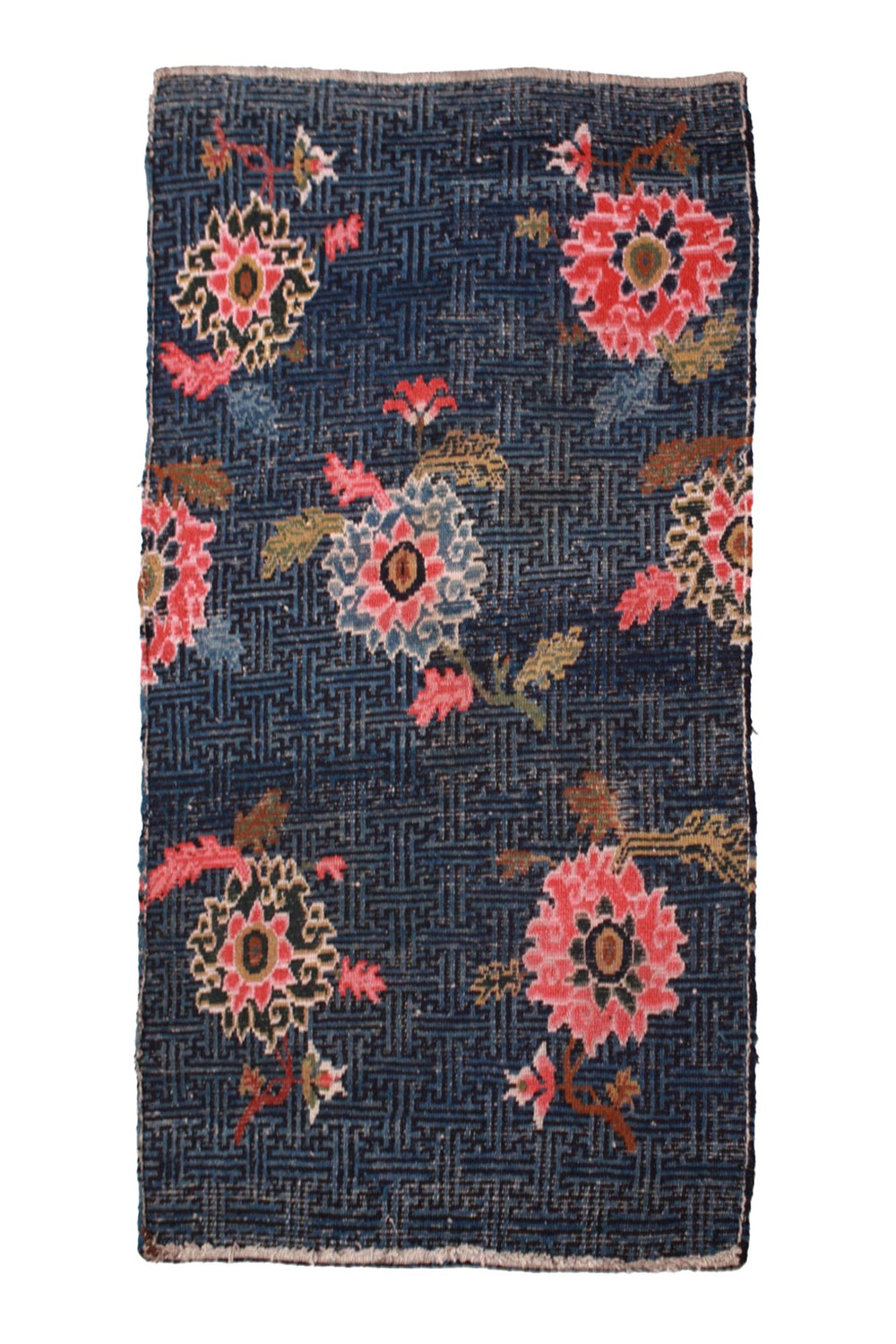 Hand-Knotted Tibetan Khaden Rug | Indigo Lattice Rosettes | Back View