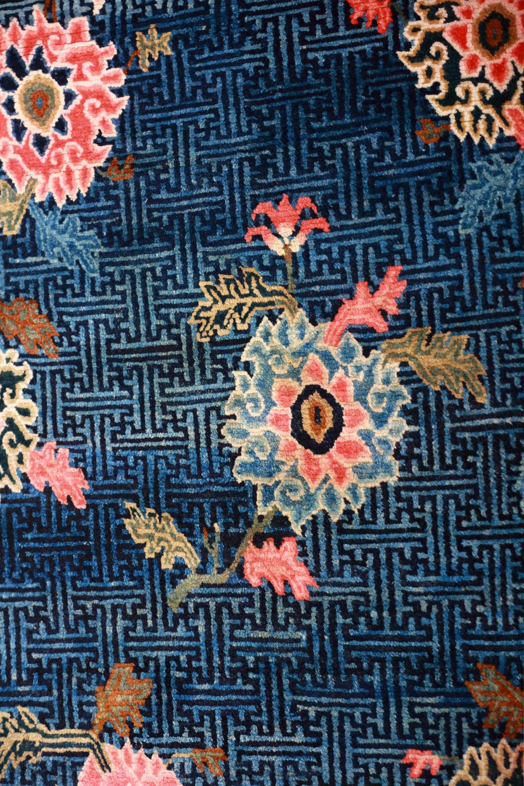 Hand-Knotted Tibetan Khaden Rug | Indigo Lattice Rosettes | Detail View