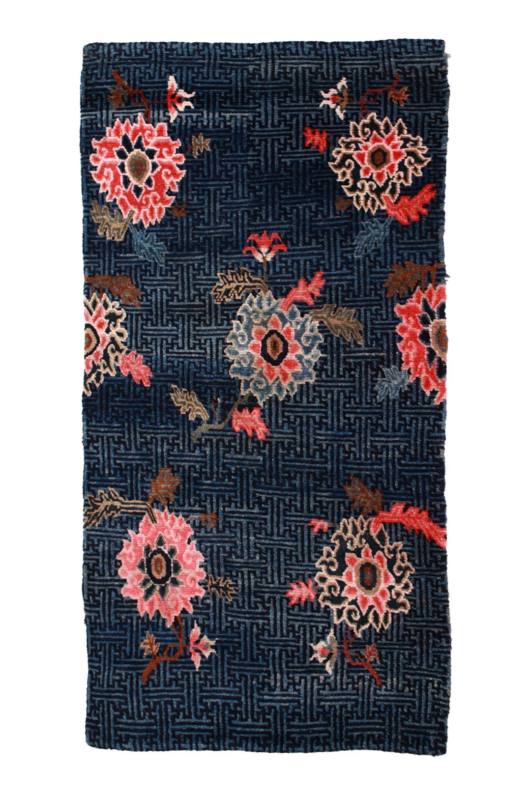 Hand-Knotted Tibetan Khaden Rug | Indigo Lattice Rosettes | Front View