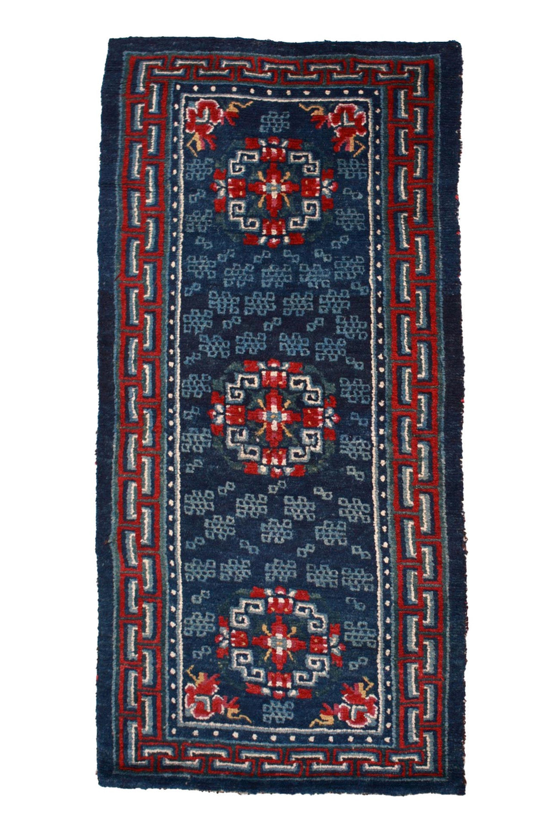 Hand-Knotted Tibetan Khaden Rug | Indigo Triple Medallion | Front View