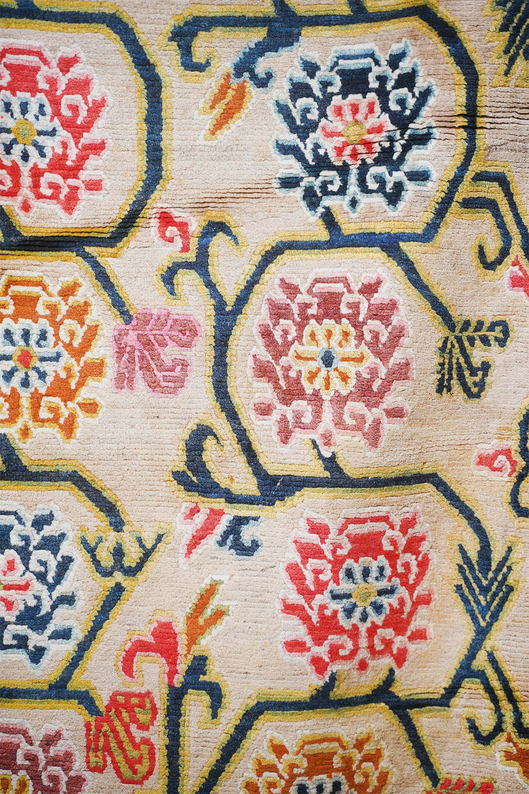 Hand-Knotted Tibetan Khaden Rug | Ivory Ground Hexagonal Medallions | Detail View