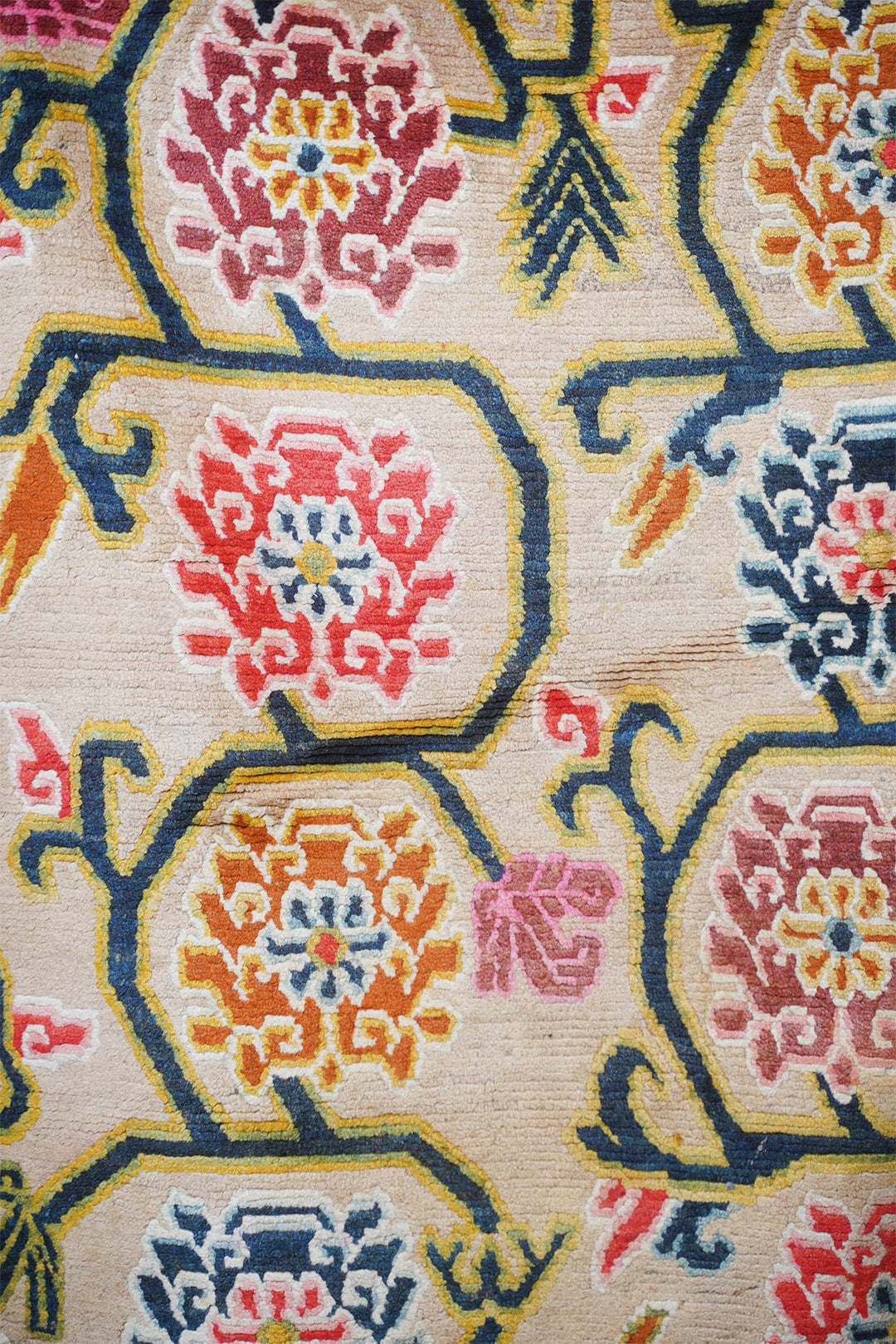 Hand-Knotted Tibetan Khaden Rug | Ivory Ground Hexagonal Medallions | Detail View