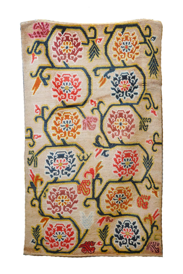 Hand-Knotted Tibetan Khaden Rug | Ivory Ground Hexagonal Medallions | Front View