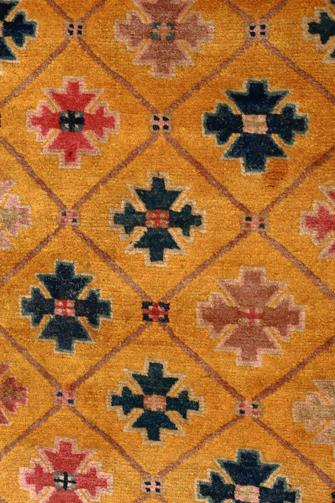 Hand-Knotted Tibetan Khaden Rug | Marigold Step-Cross Argyle | Detail View
