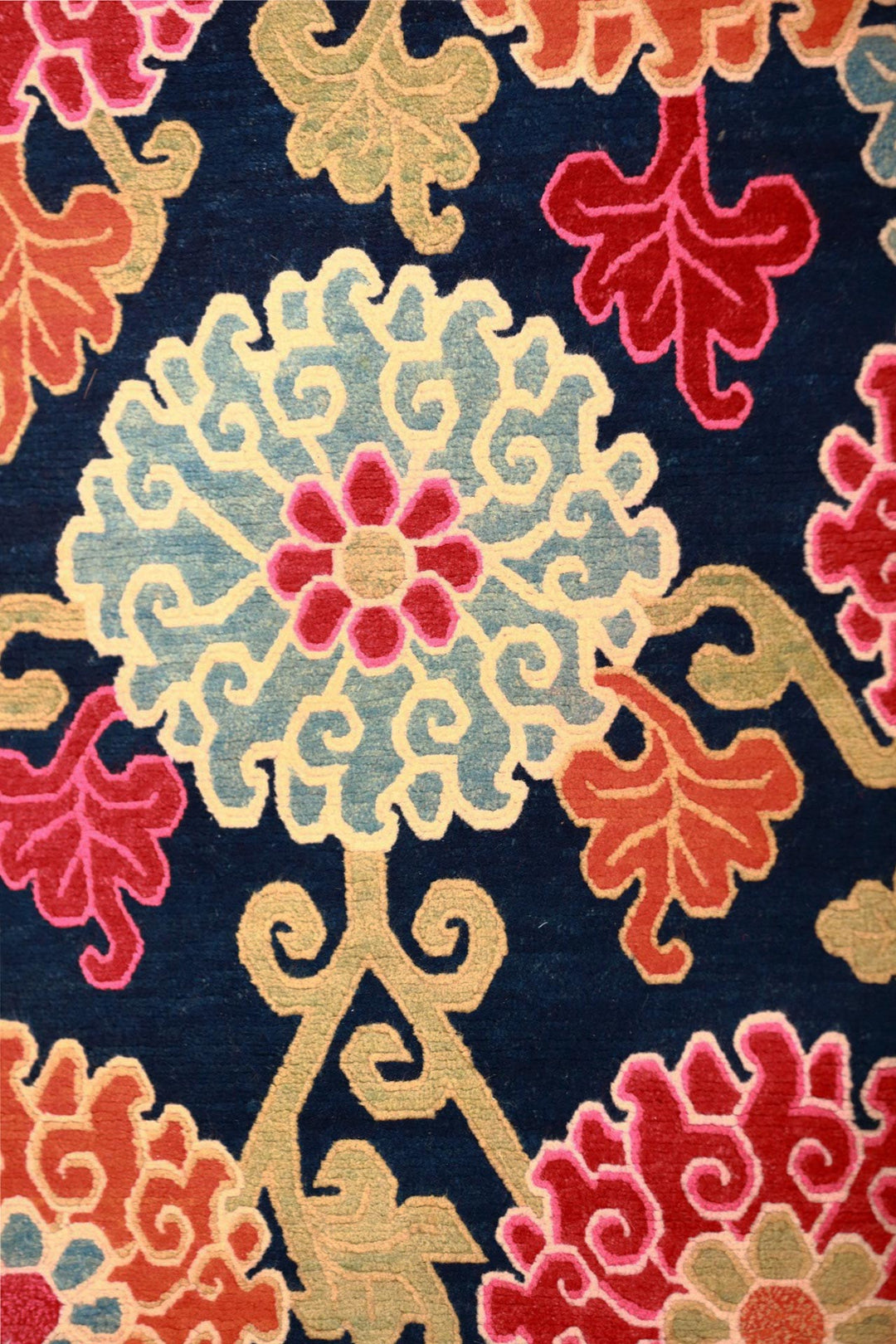 Hand-Knotted Tibetan Khaden Rug | Midnight Chrysanthemum Roundels | Detail View