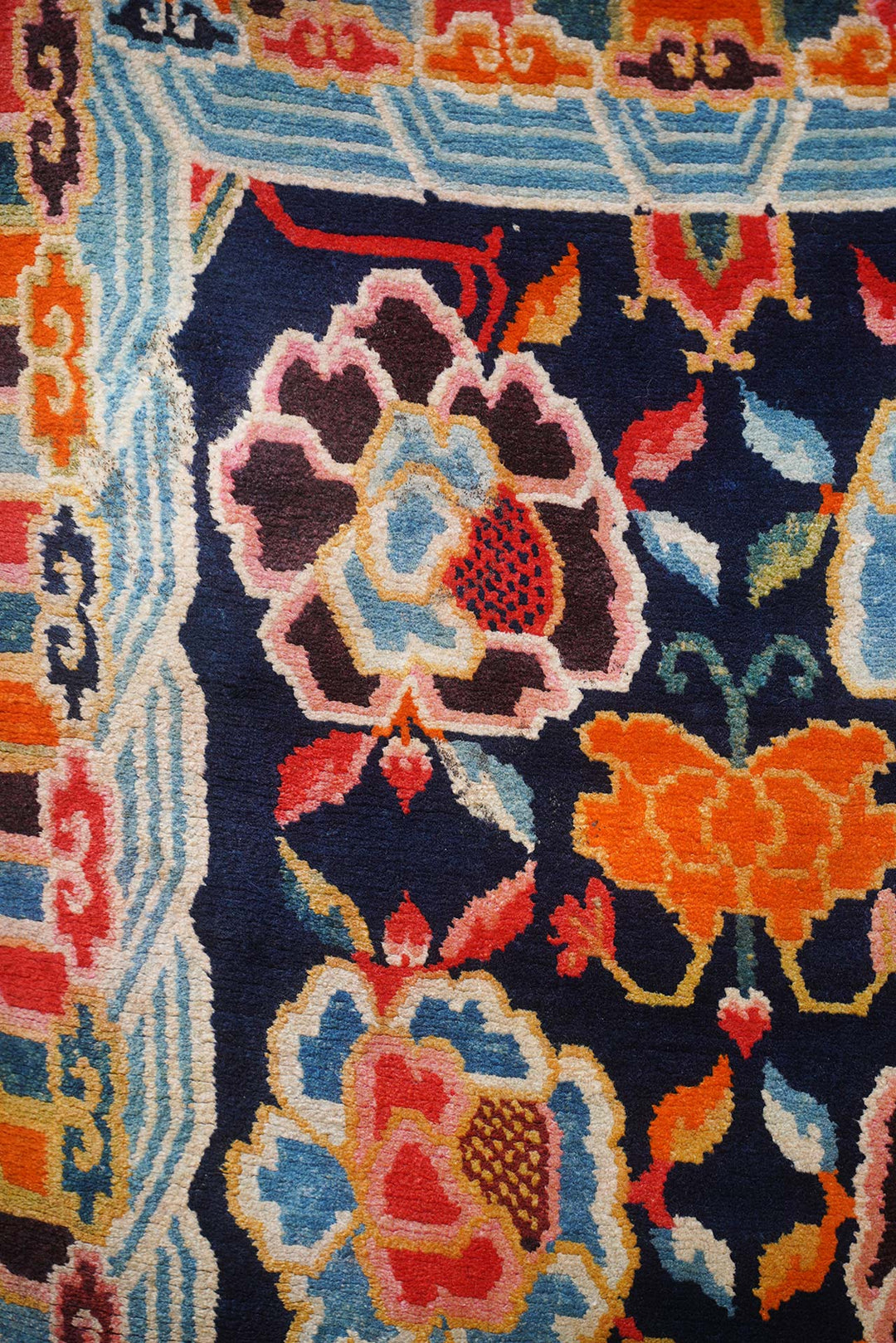 Hand-Knotted Tibetan Khaden Rug | Midnight Field Floral Tree of Life | Detail View