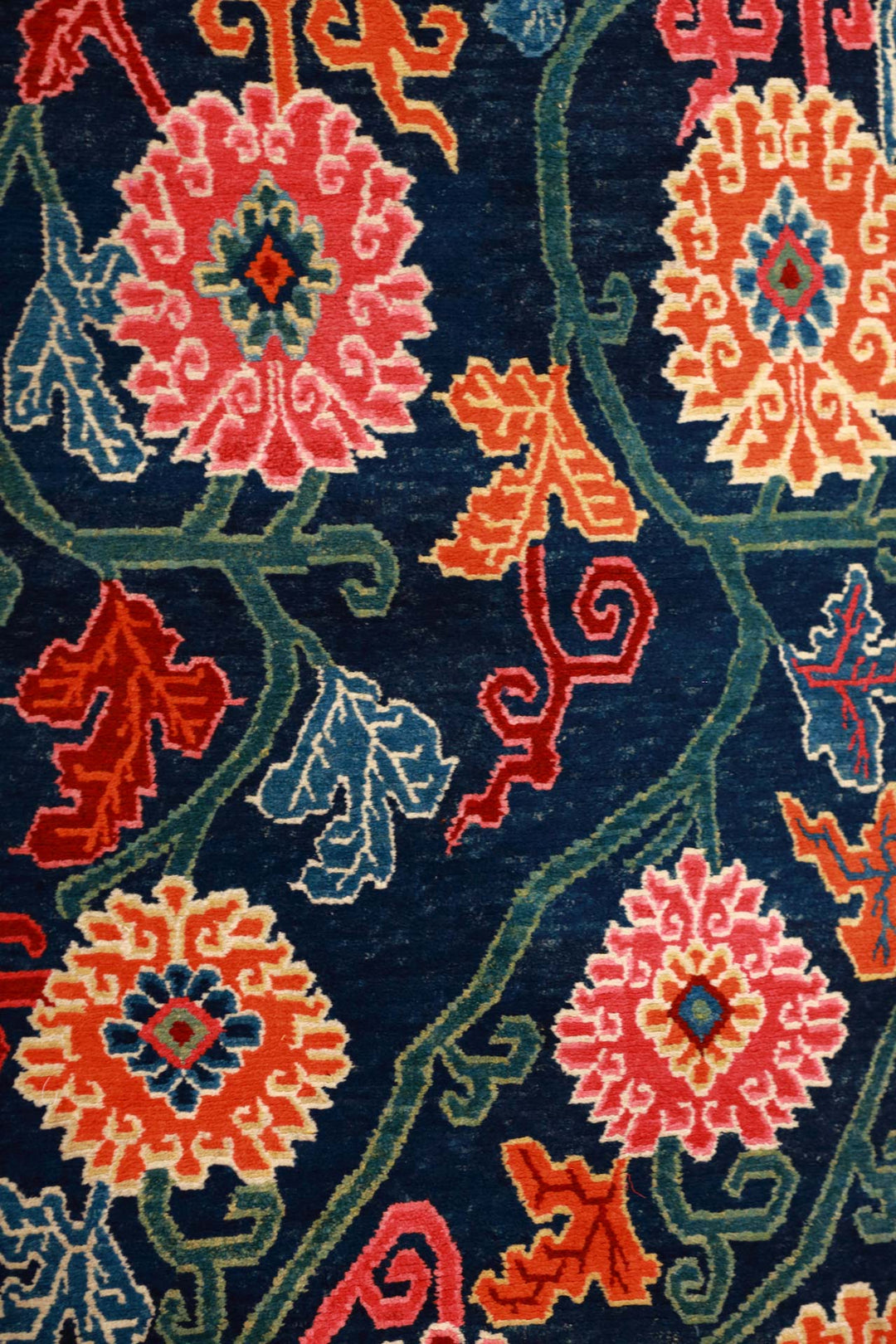 Hand-Knotted Tibetan Khaden Rug | Midnight Floral Vine Lattice | Detail View