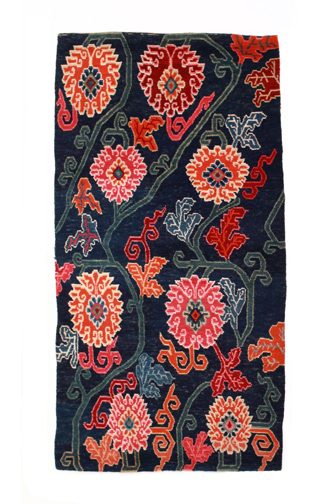 Hand-Knotted Tibetan Khaden Rug | Midnight Floral Vine Lattice | Front View