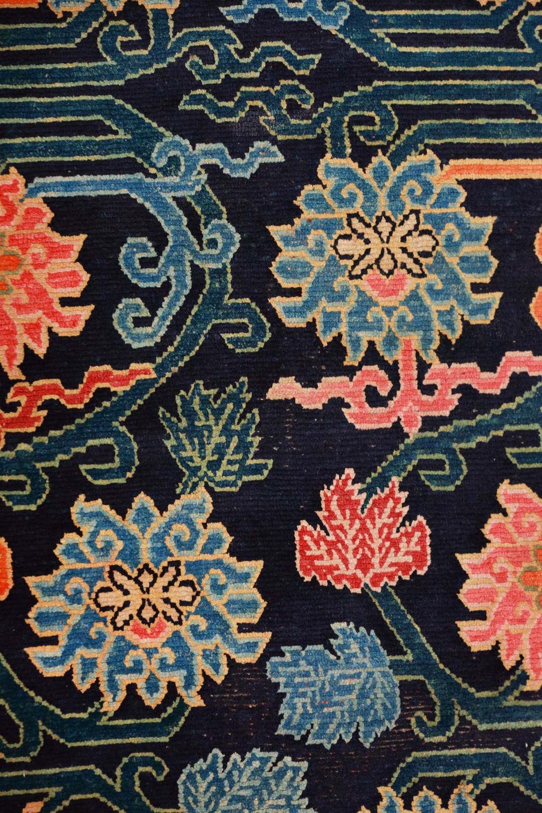 Hand-Knotted Tibetan Khaden Rug | Midnight Floral Vine Lattice on Indigo Ground | Detail View
