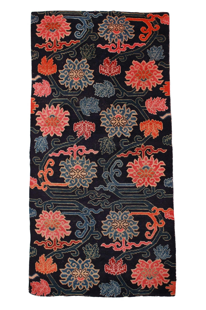 Hand-Knotted Tibetan Khaden Rug | Midnight Floral Vine Lattice on Indigo Ground | Front View