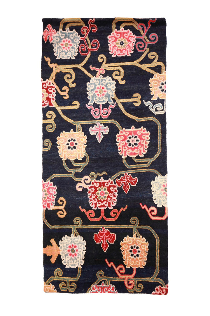 Hand-Knotted Tibetan Khaden Rug | Midnight Floral Vines | Front View