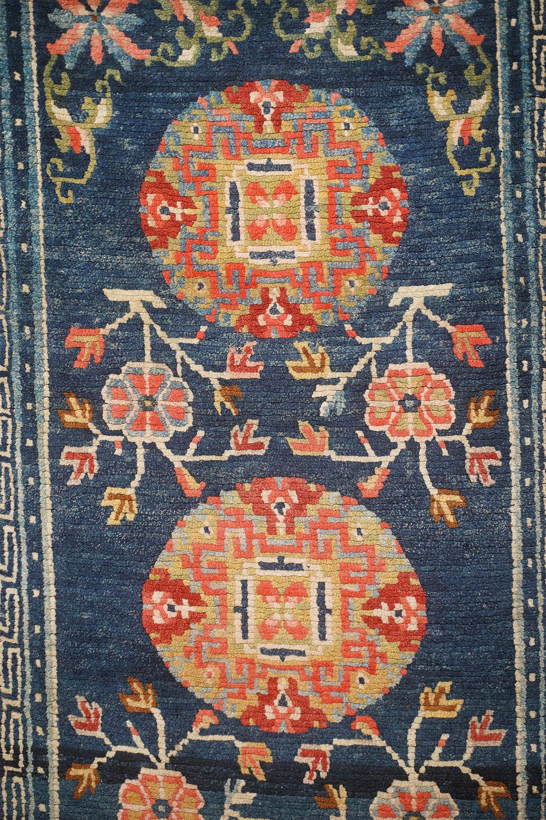 Hand-Knotted Tibetan Khaden Rug | Midnight Ground Medallion Lattice | Detail View