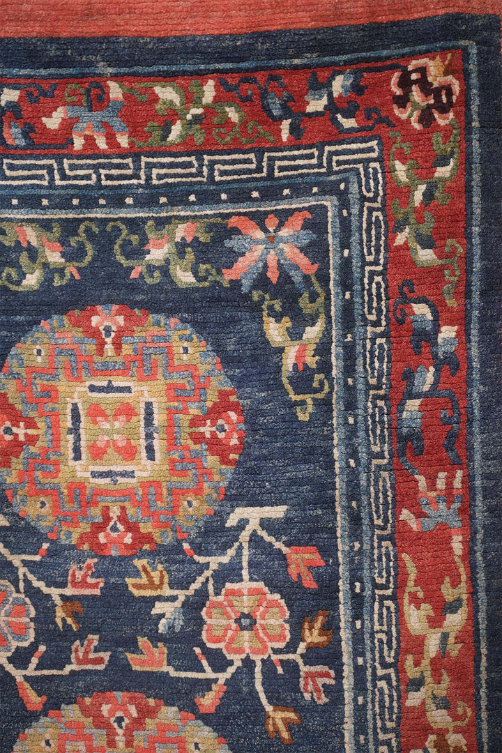 Hand-Knotted Tibetan Khaden Rug | Midnight Ground Medallion Lattice | Detail View