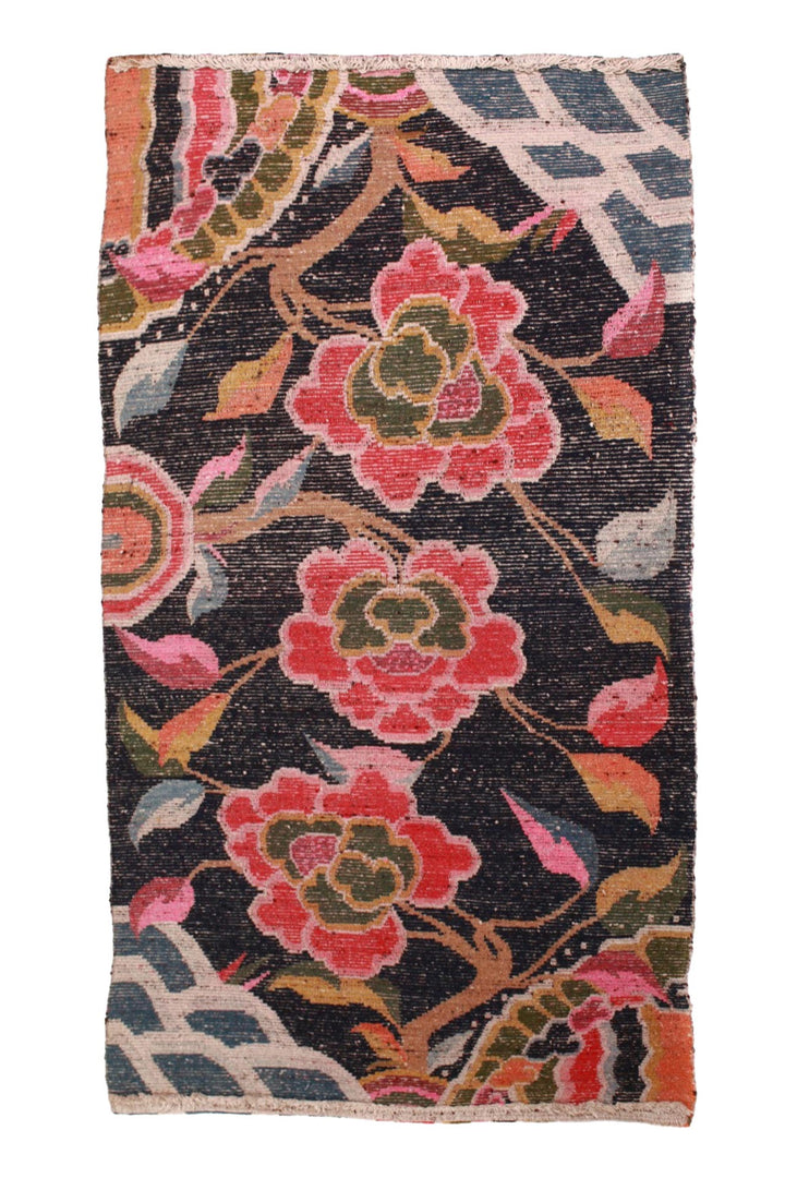 Hand-Knotted Tibetan Khaden Rug | Midnight Peony Blooms | Back View