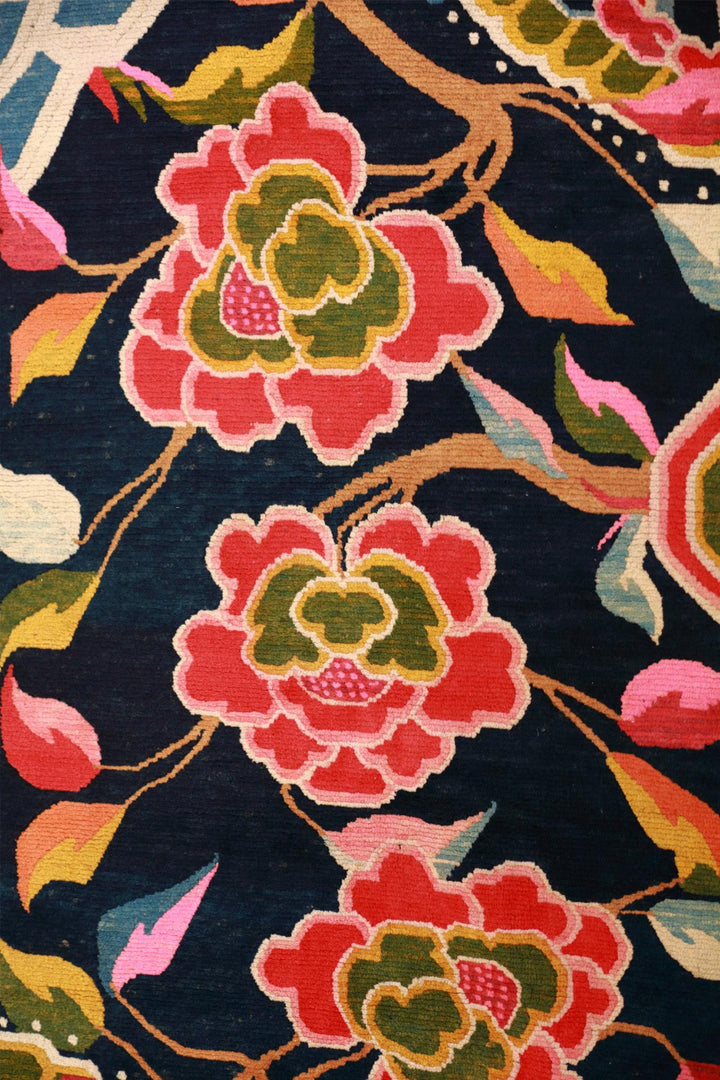 Hand-Knotted Tibetan Khaden Rug | Midnight Peony Blooms | Detail  View