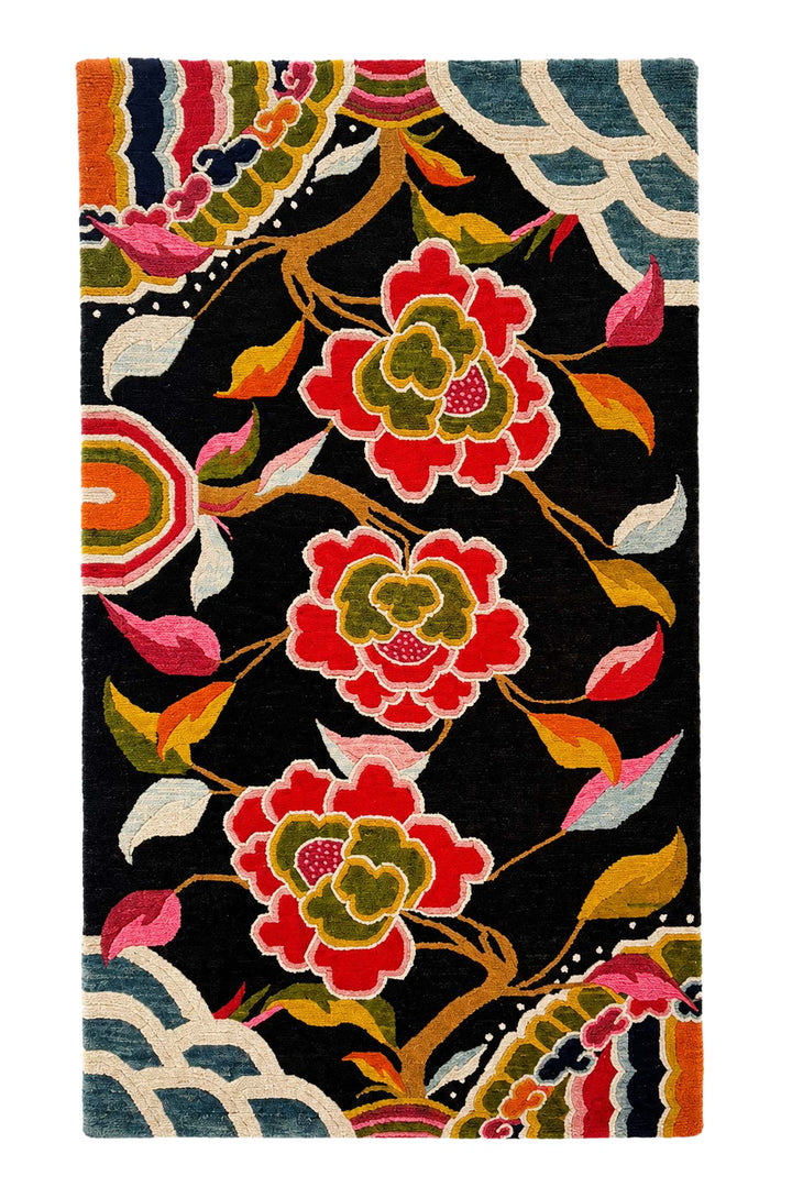 Hand-Knotted Tibetan Khaden Rug | Midnight Peony Blooms | Front View