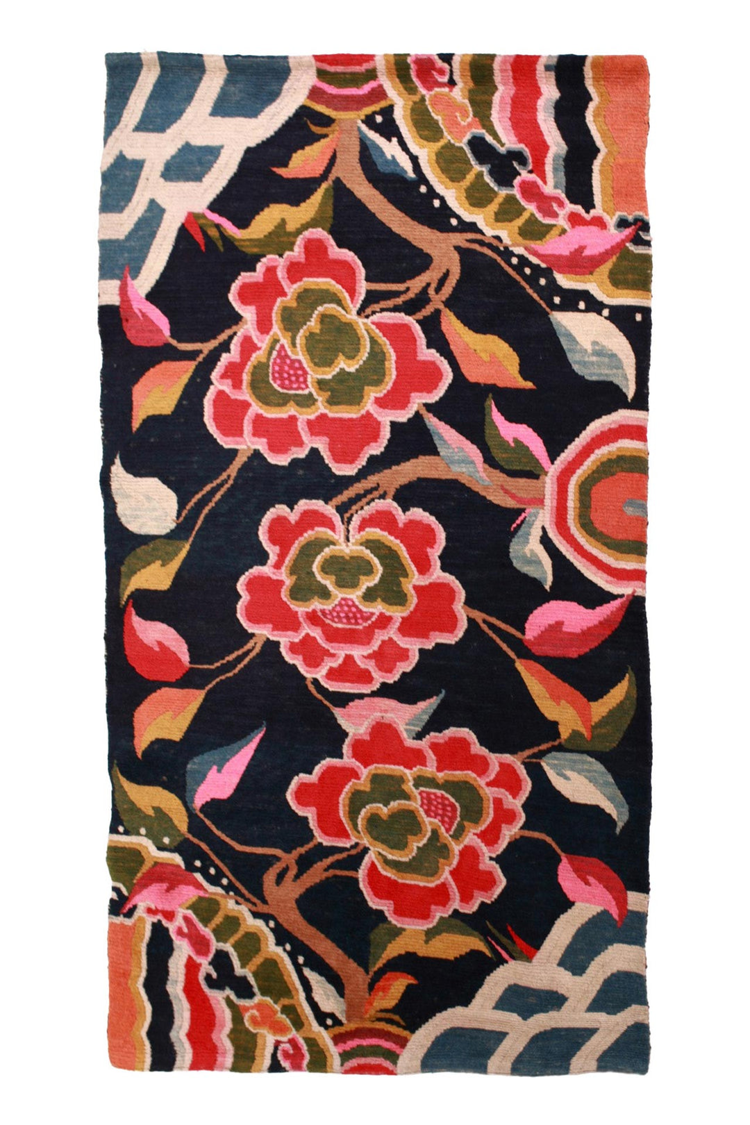 Hand-Knotted Tibetan Khaden Rug | Midnight Peony Blooms | Front View