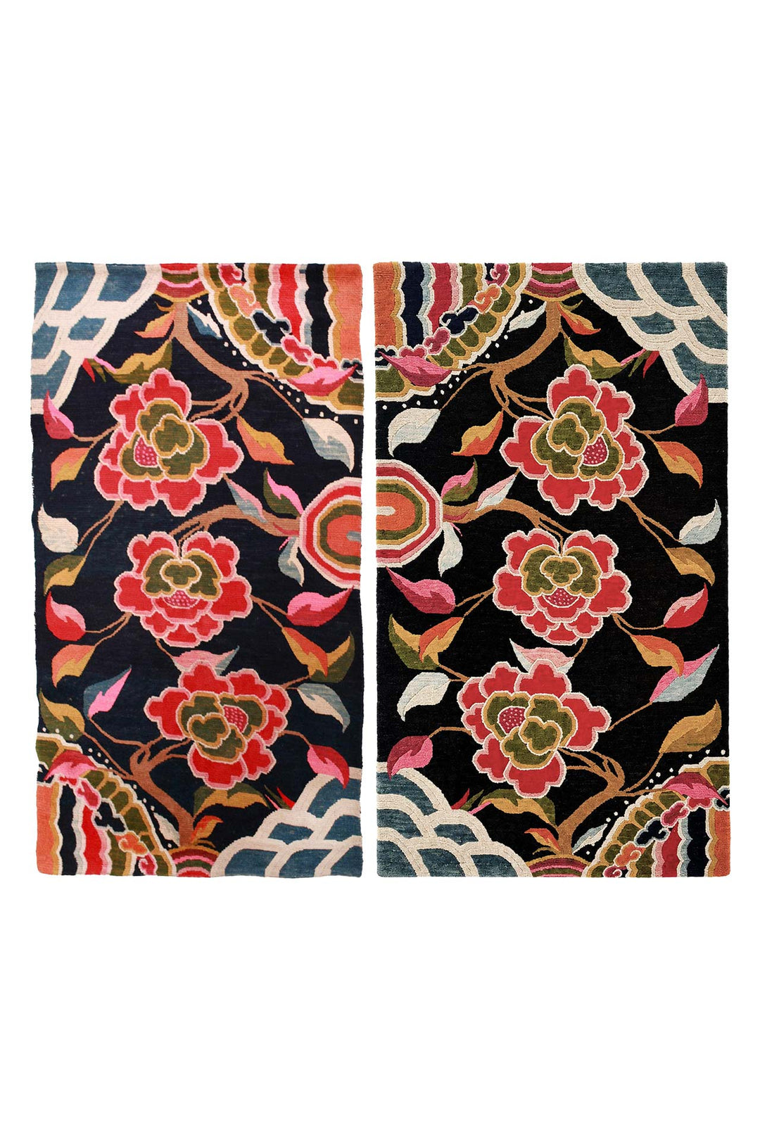 Hand-Knotted Tibetan Khaden Rug | Midnight Peony Blooms | Pair View
