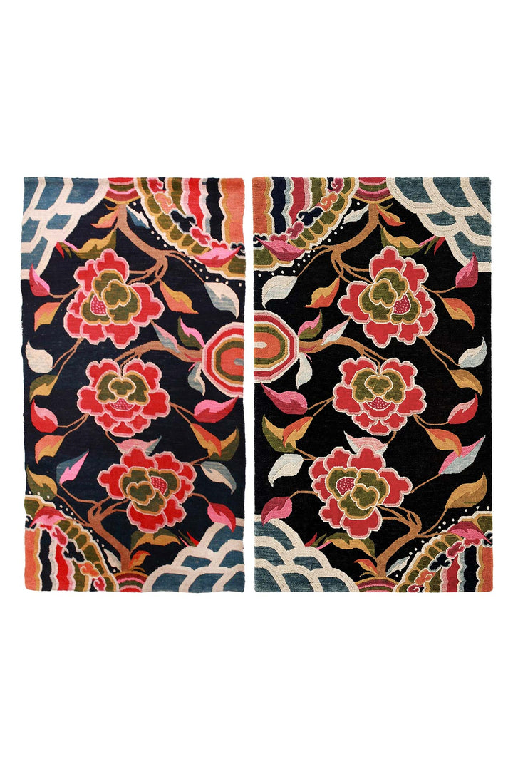Hand-Knotted Tibetan Khaden Rug | Midnight Peony Blooms | Pair View