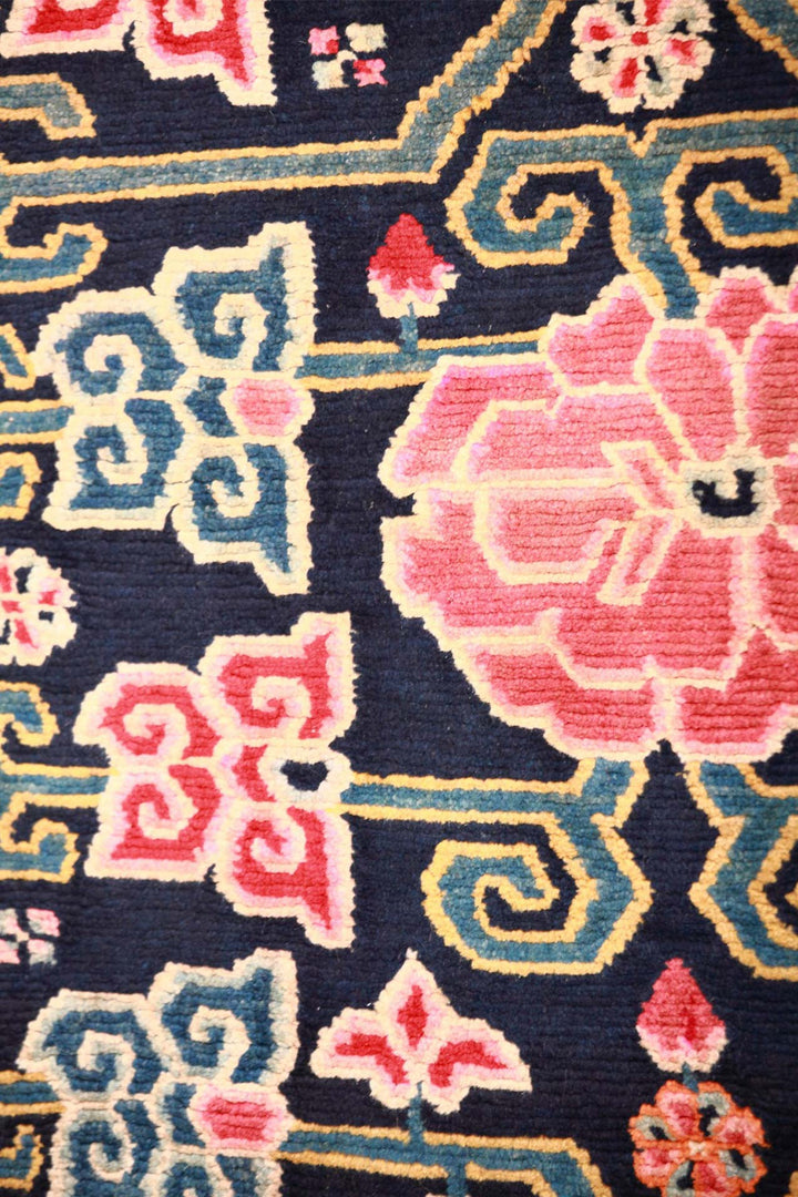 Hand-Knotted Tibetan Khaden Rug | Midnight Peony Lattice | Detail View