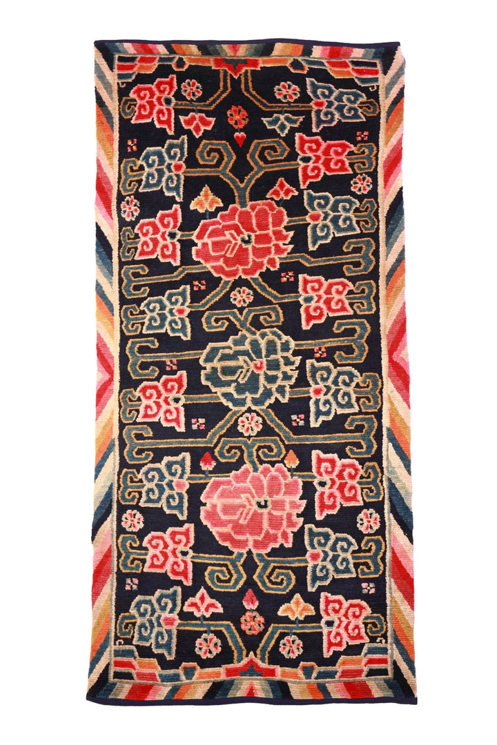 Hand-Knotted Tibetan Khaden Rug | Midnight Peony Lattice | Front View