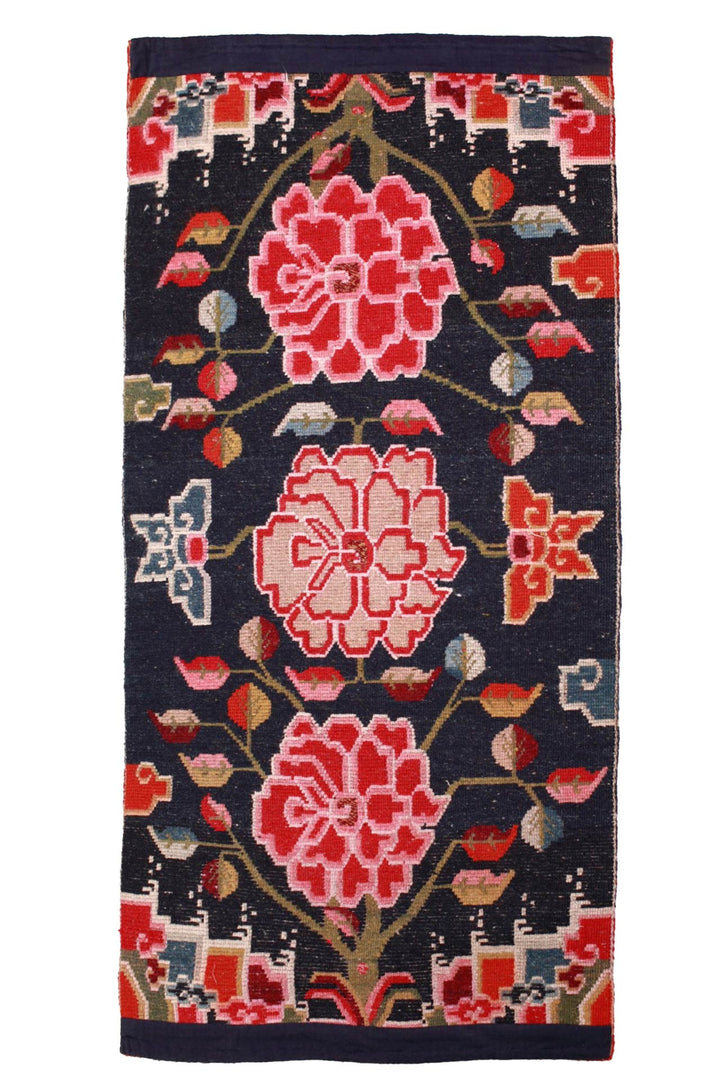 Hand-Knotted Tibetan Khaden Rug | Midnight Peony Tree | Back View