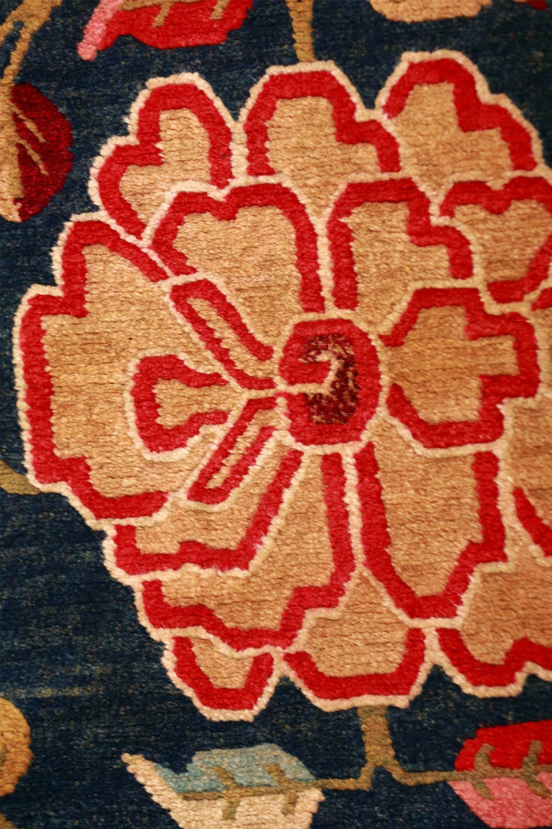 Hand-Knotted Tibetan Khaden Rug | Midnight Peony Tree | Detail View