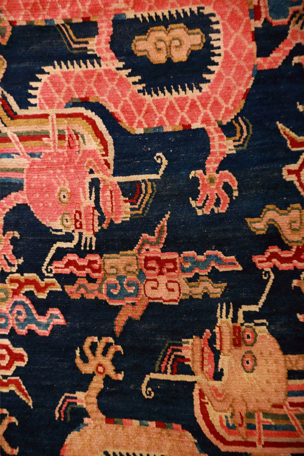 Hand-Knotted Tibetan Khaden Rug | Navy Cloud Dragons | Back View