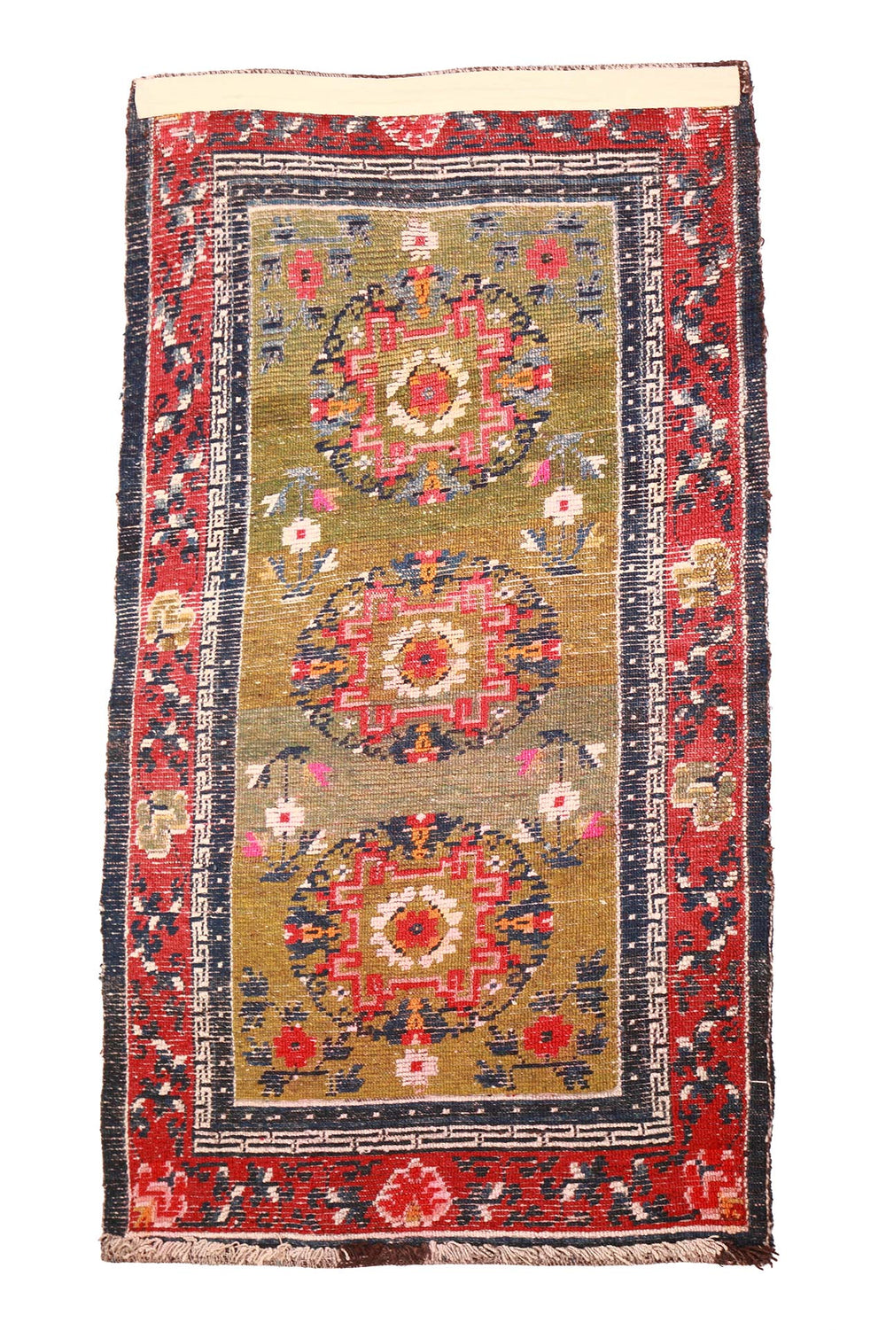 Hand-Knotted Tibetan Khaden Rug | Olive Field Lotus Medallion | Back View