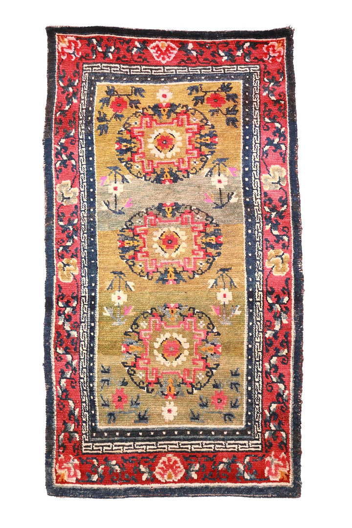Hand-Knotted Tibetan Khaden Rug | Olive Field Lotus Medallion | Front View