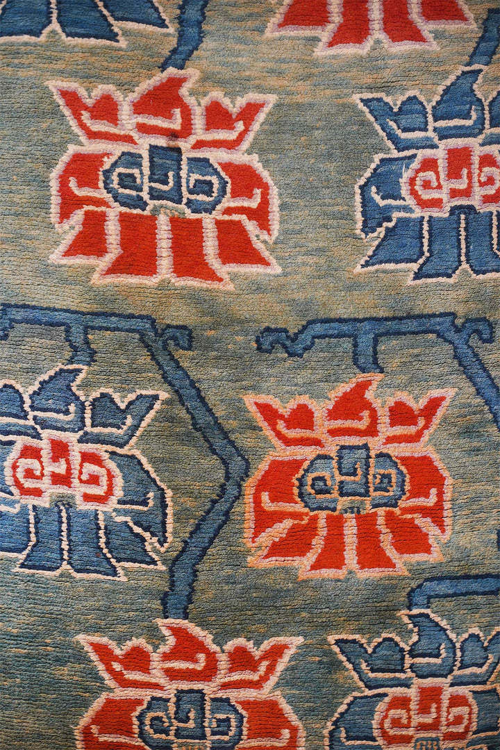Hand-Knotted Tibetan Khaden Rug | Olive Lotus Trellis | Detail View