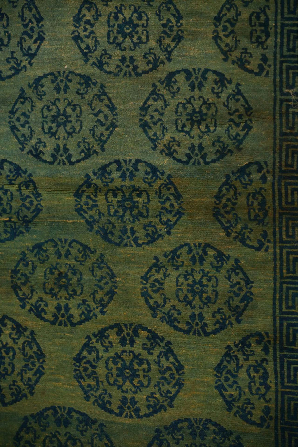 Hand-Knotted Tibetan Khaden Rug | Olive Roundels & Greek-Key Border | Detail View