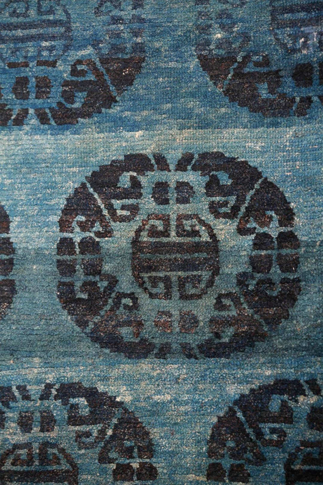 Hand-Knotted Tibetan Khaden Rug Pair | Indigo Coin Roundels | Detail View