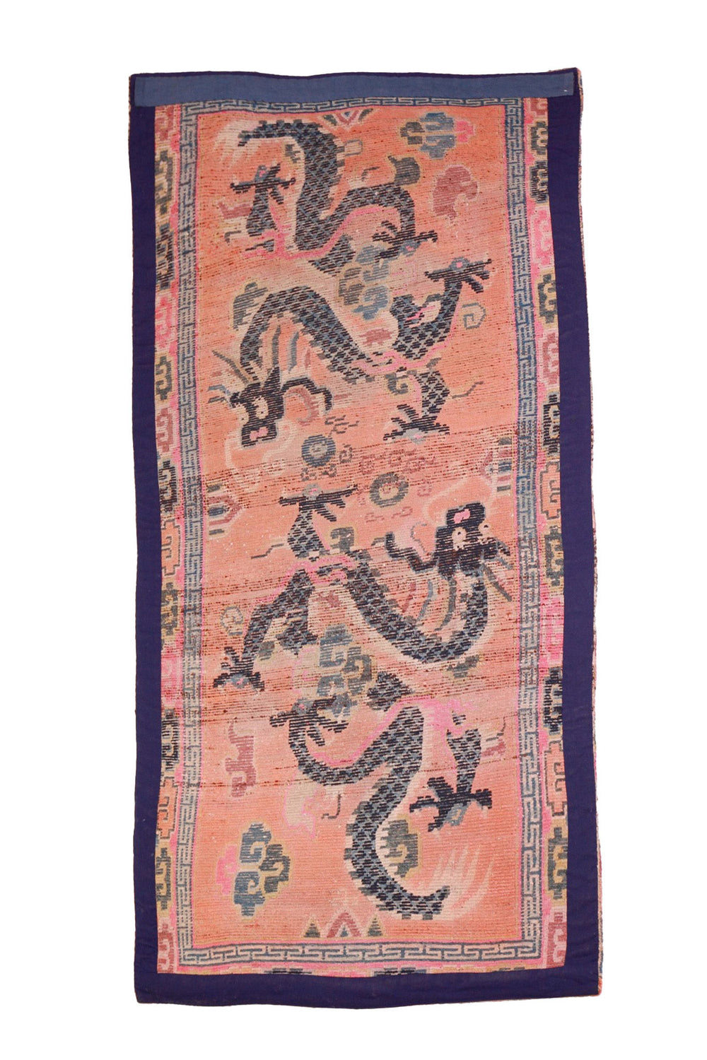 Hand-Knotted Tibetan Khaden Rug | Peach Dragon Scrollwork | Back View