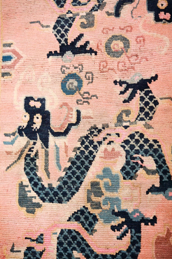 Hand-Knotted Tibetan Khaden Rug | Peach Dragon Scrollwork | Detail View