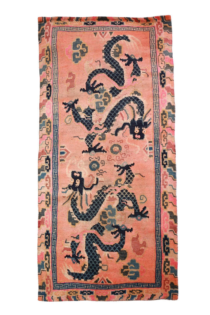 Hand-Knotted Tibetan Khaden Rug | Peach Dragon Scrollwork | Front View