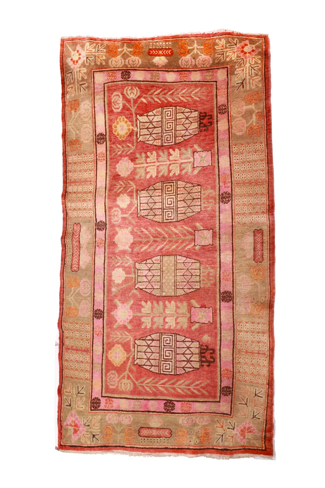 Hand-Knotted Tibetan Khaden Rug | Pomegranate Vase Panels | Front View