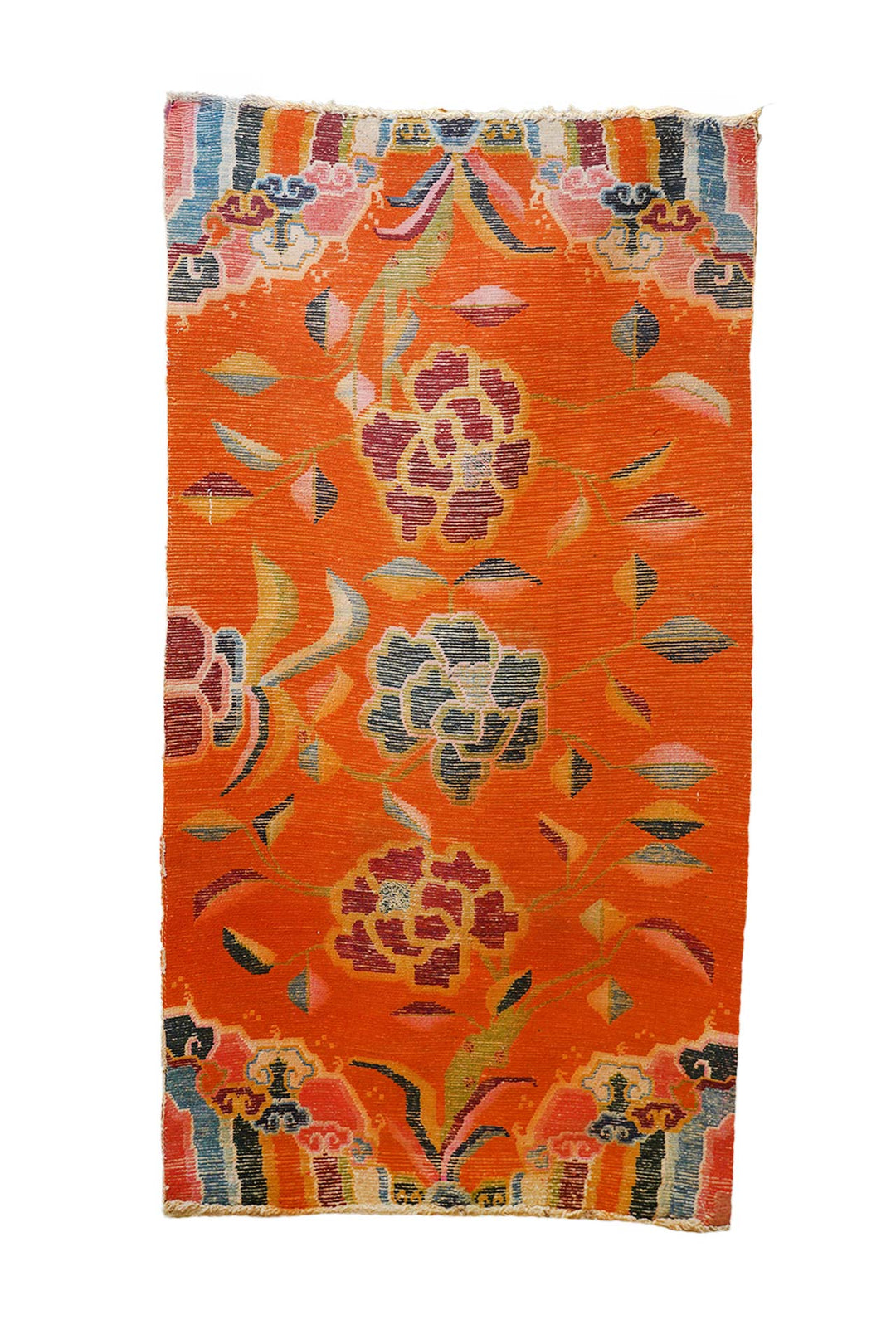 Hand-Knotted Tibetan Khaden Rug | Radiant Peony Field with Striped Ends | Back View