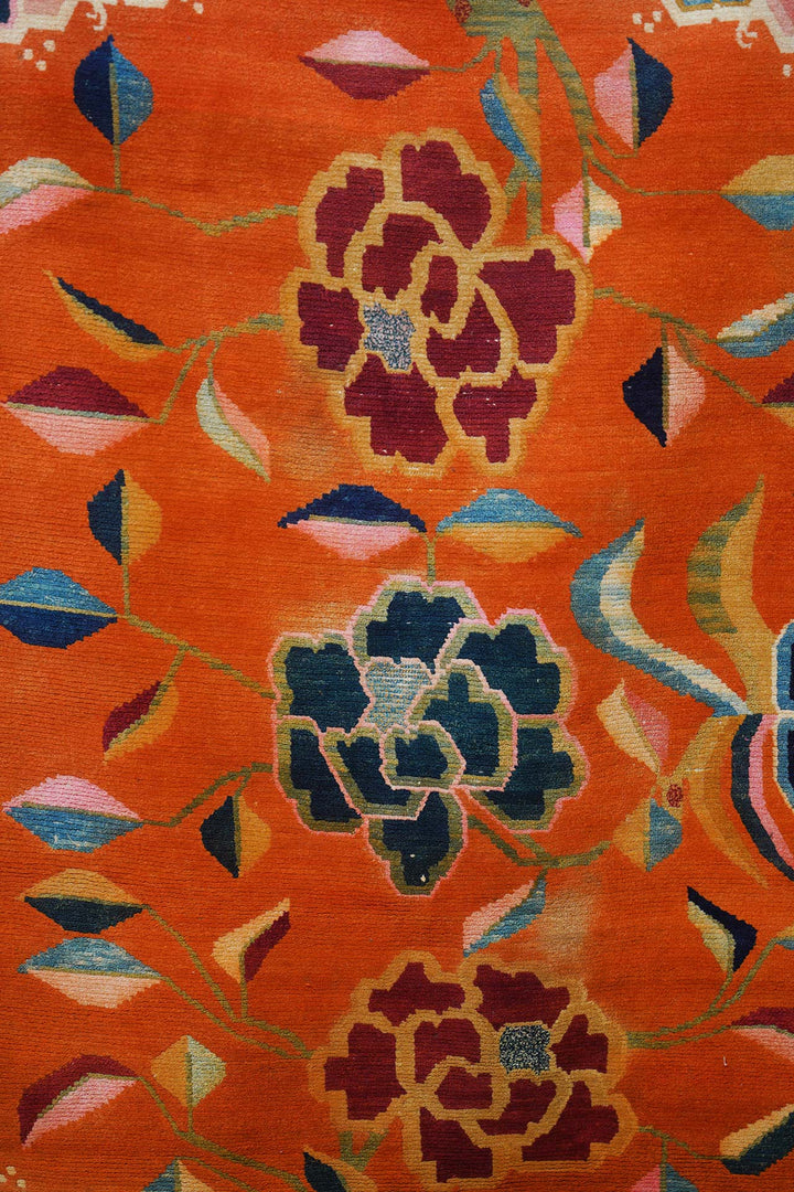 Hand-Knotted Tibetan Khaden Rug | Radiant Peony Field with Striped Ends | Detail View