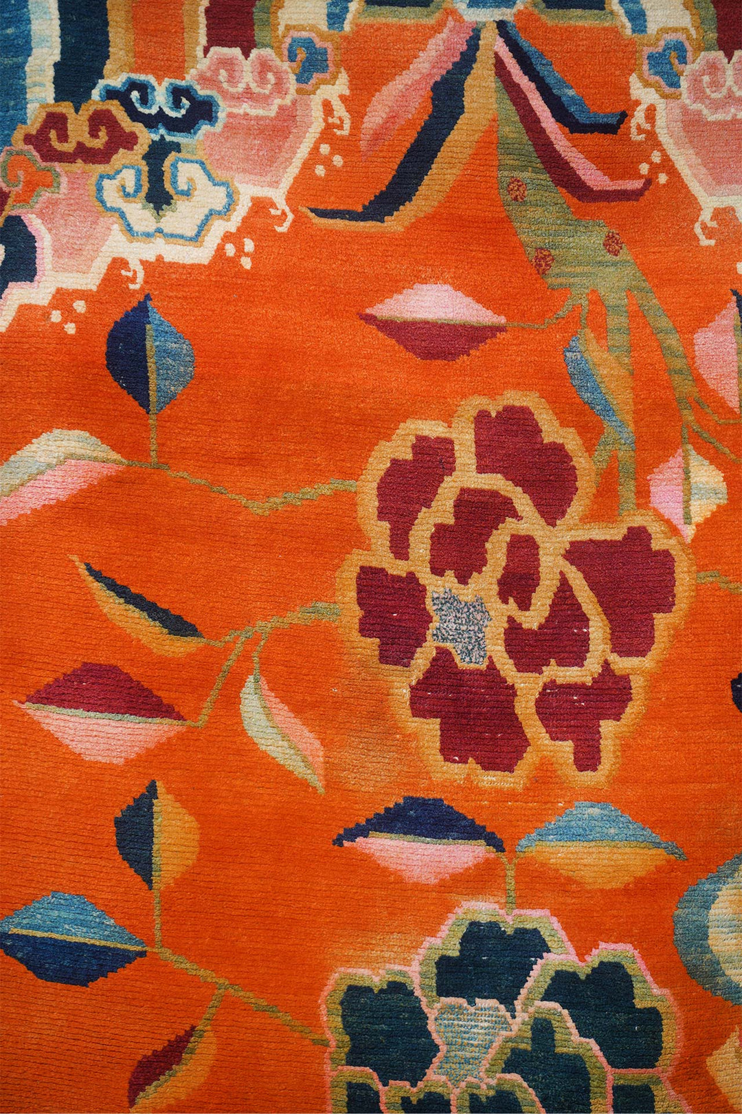 Hand-Knotted Tibetan Khaden Rug | Radiant Peony Field with Striped Ends | Detail View
