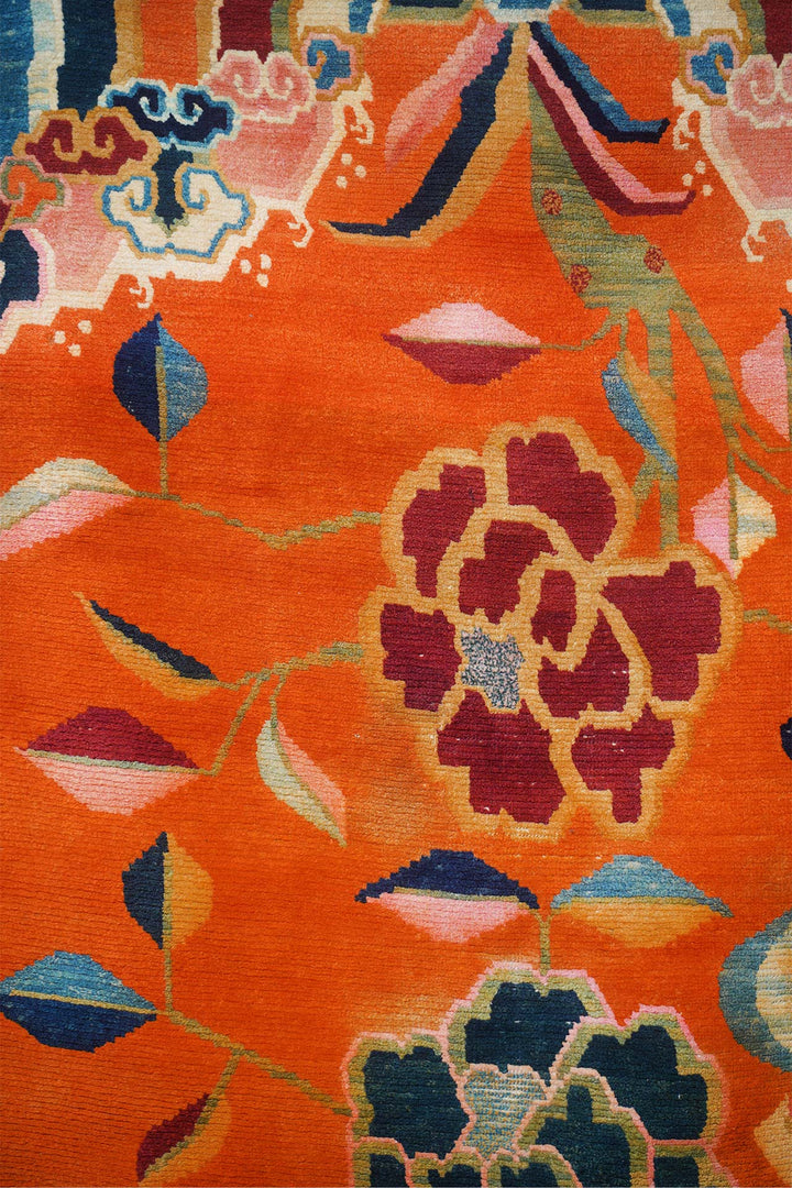 Hand-Knotted Tibetan Khaden Rug | Radiant Peony Field with Striped Ends | Detail View