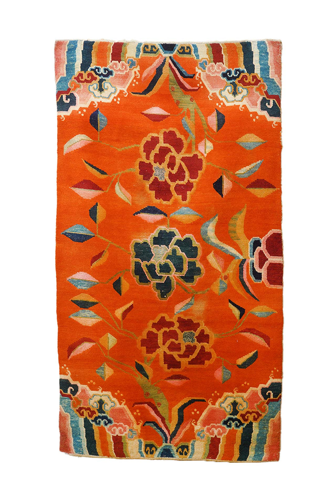 Hand-Knotted Tibetan Khaden Rug | Radiant Peony Field with Striped Ends | Front View