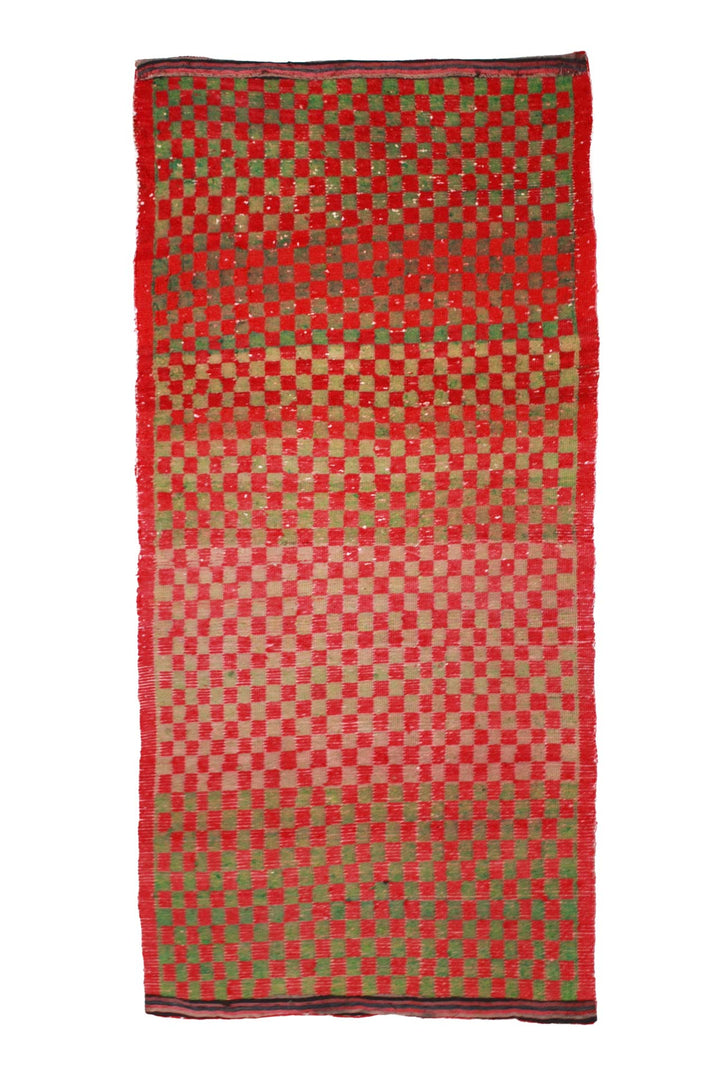Hand-Knotted Tibetan Khaden Rug | Red &amp; Green Micro-Checkerboard Pattern | Back View